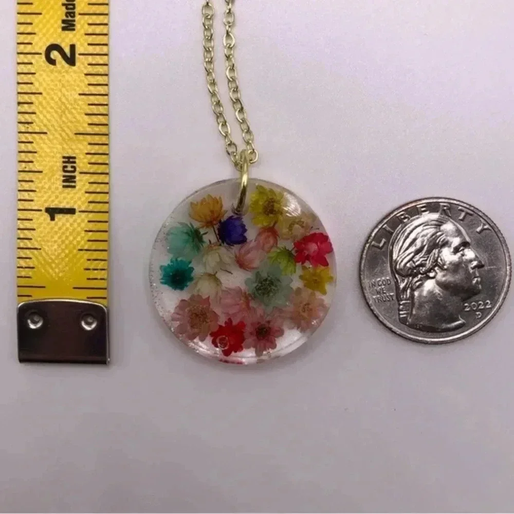 Handmade Real Colorful Dried Flowers Floral Circle Prairie Gold Necklace New